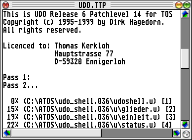 Bild: Ausgabe des UDO.TTP in dem VT52-Fenster unter MagiC